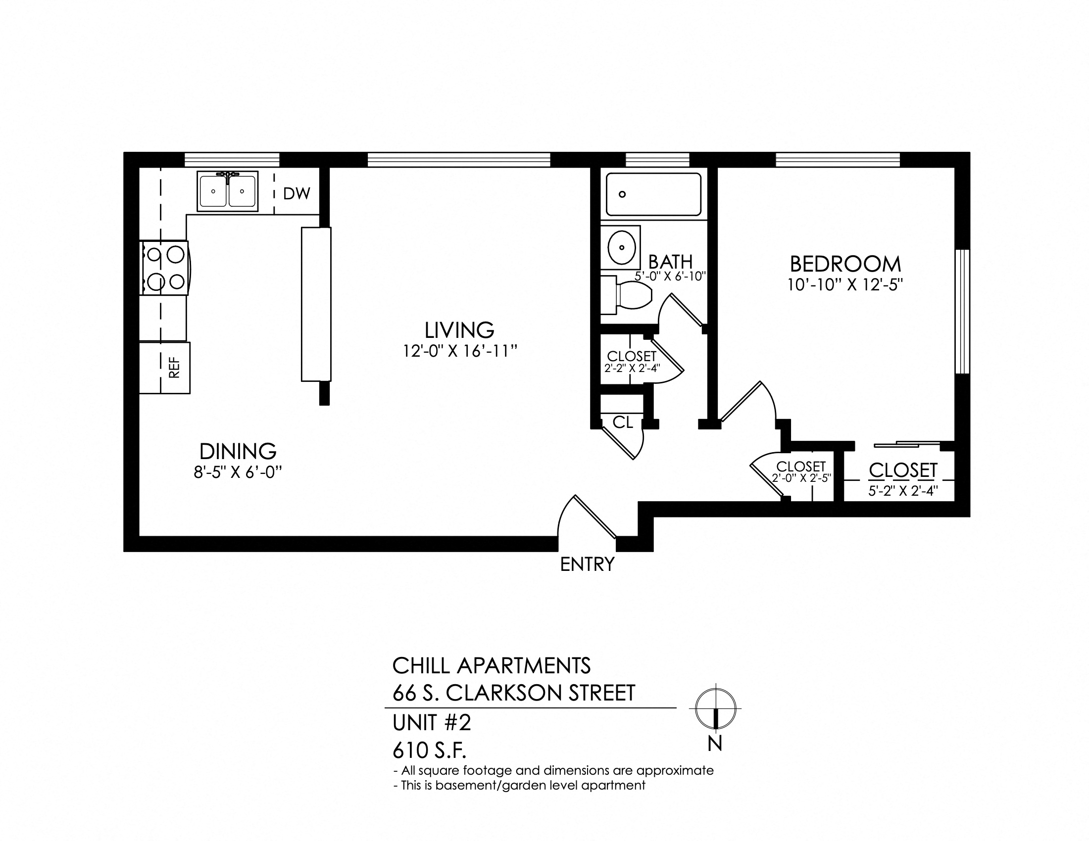 Floor plan for 1 bed, 1 bath, 635 sqft